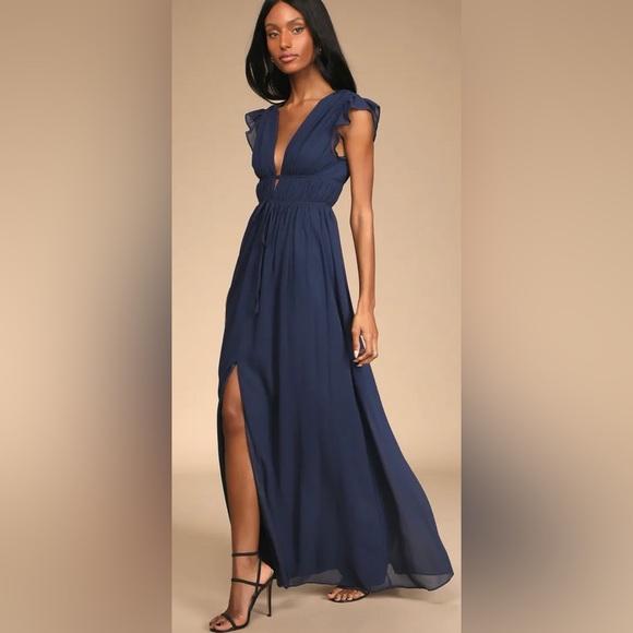 NWT Lulu’s I'm All Yours Navy Blue Ruffled Maxi Dress size S - Picture 3 of 12